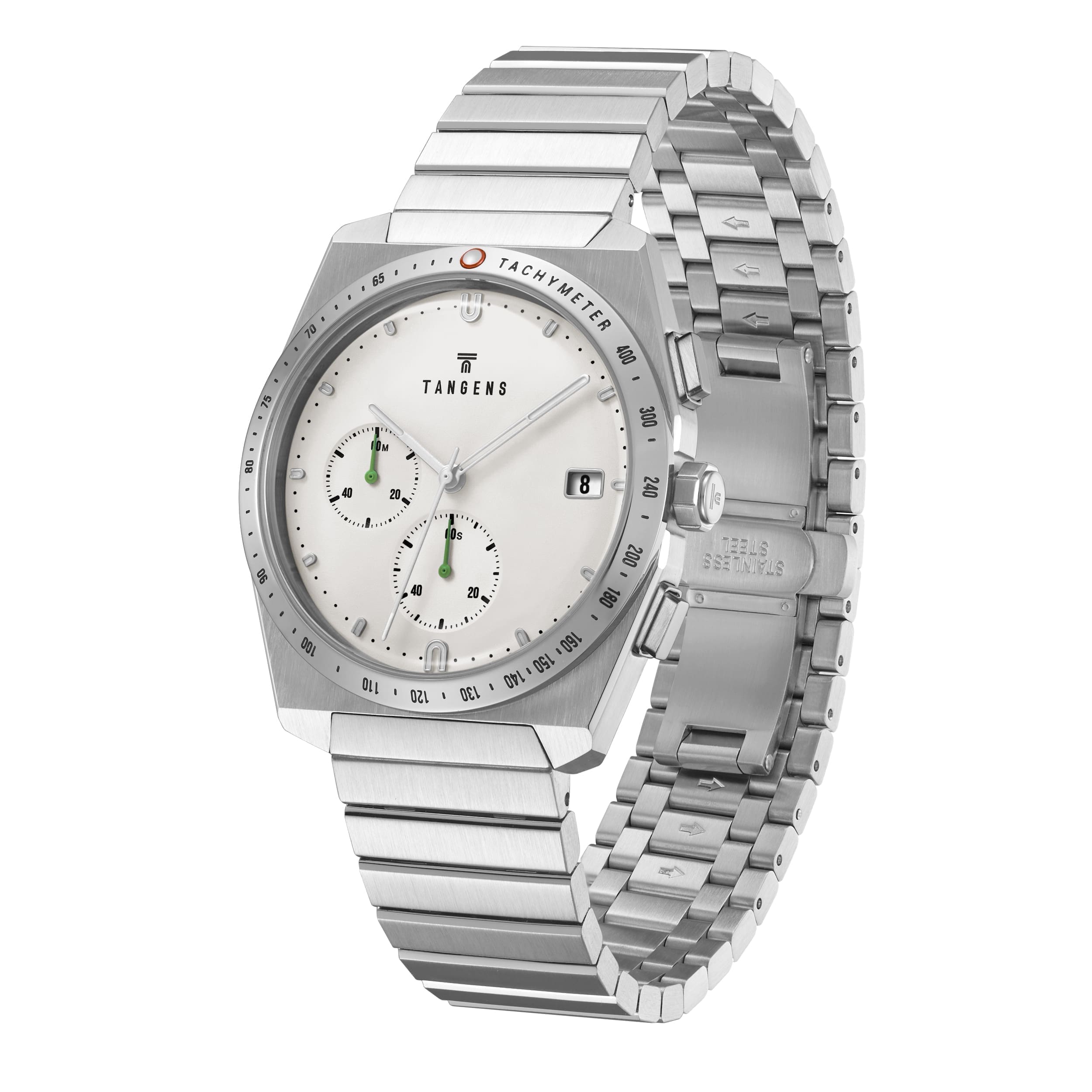 Komposition Chronograph in Soft Stone, three-quarter view with the bracelet