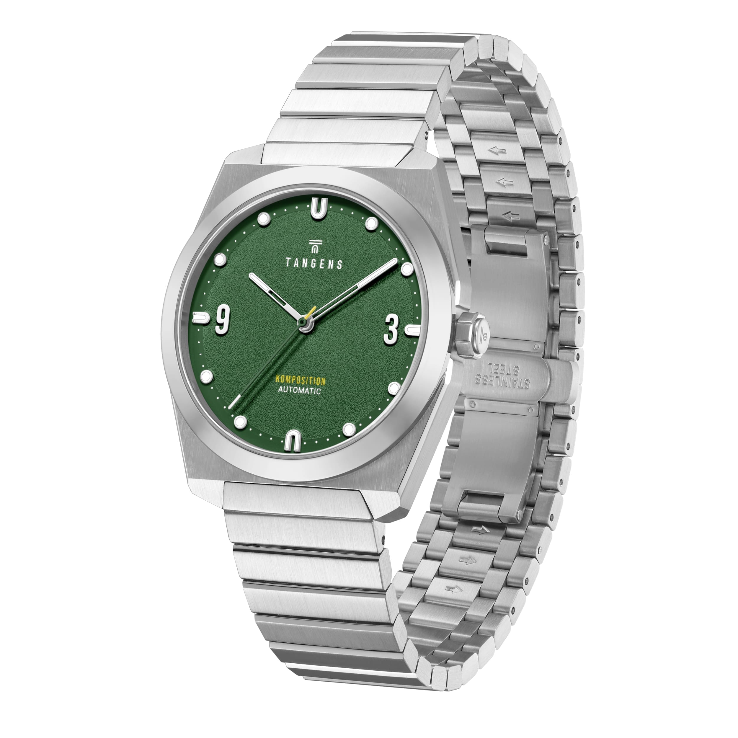 Komposition Automatic in Juniper Green, three-quarter view with the bracelet