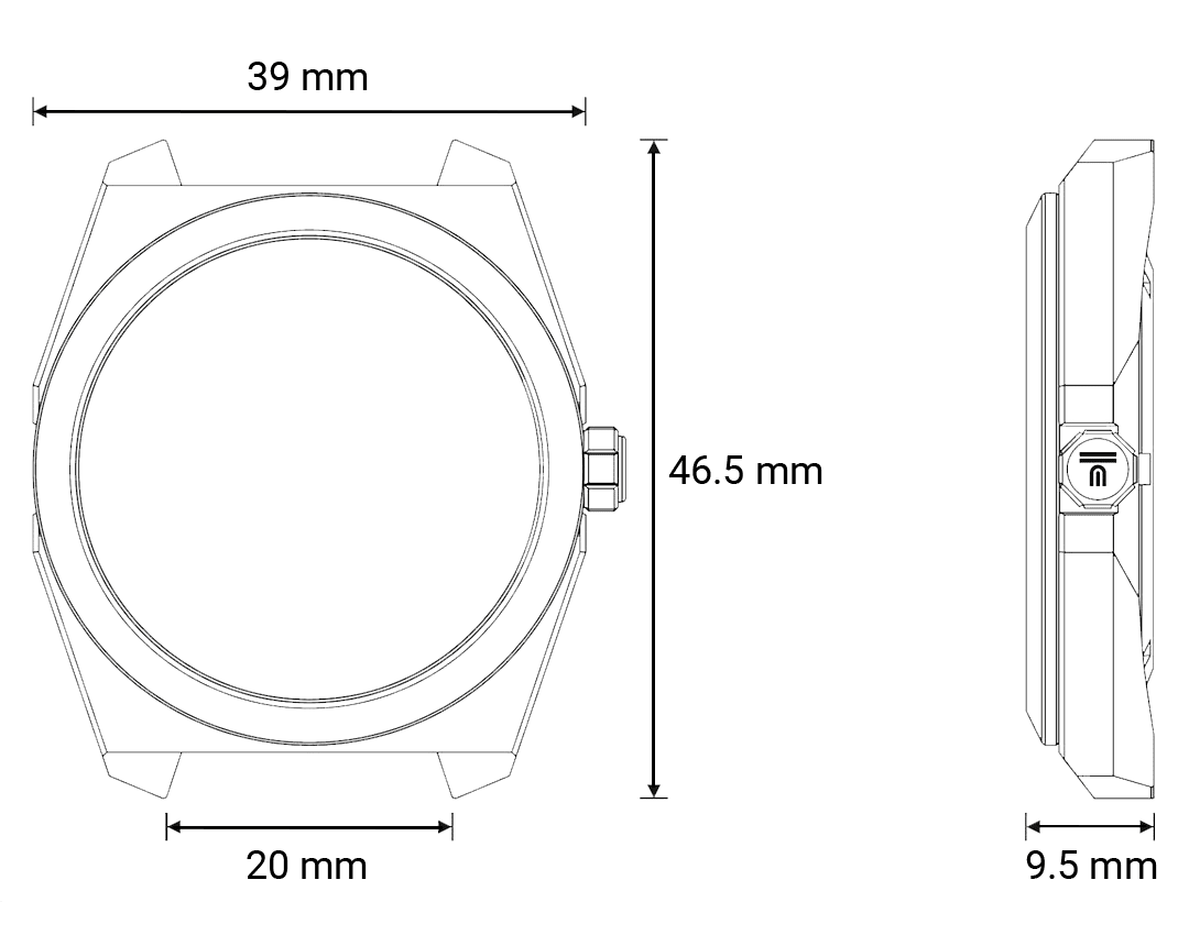 Technical drawing of the case with its dimensions