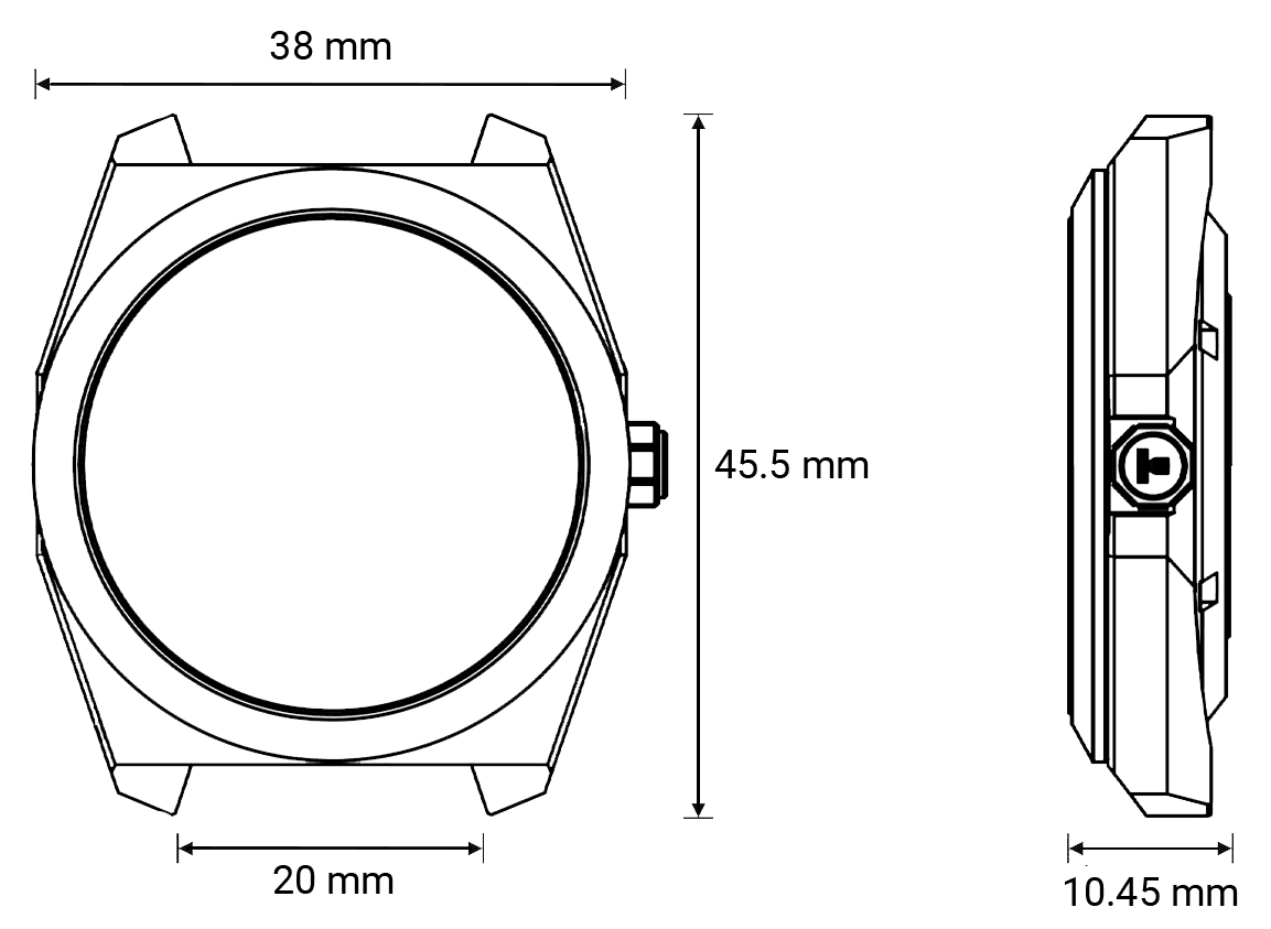 Technical drawing of the case with its dimensions
