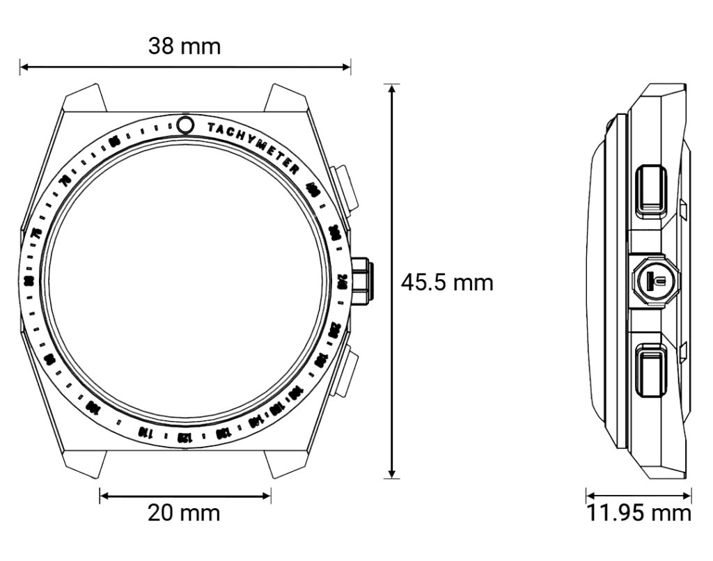 Technical drawing of the case with its dimensions